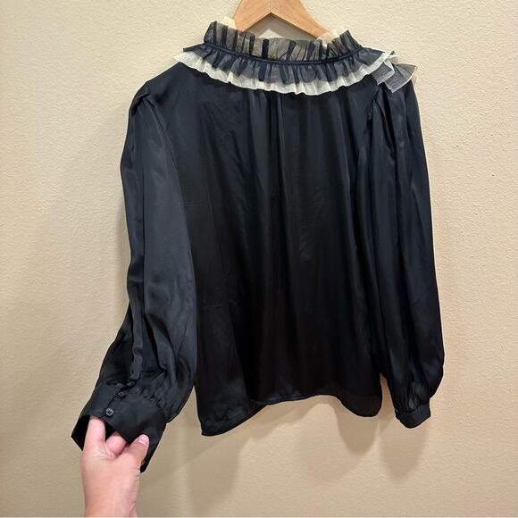 THE GREAT. Black White Ruffled Tuxedo Blouse Top 2 Medium - Picture 10 of 16